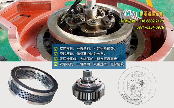 雙層、立向模具、旋轉(zhuǎn)壓輪等顆粒機(jī)內(nèi)部示意圖